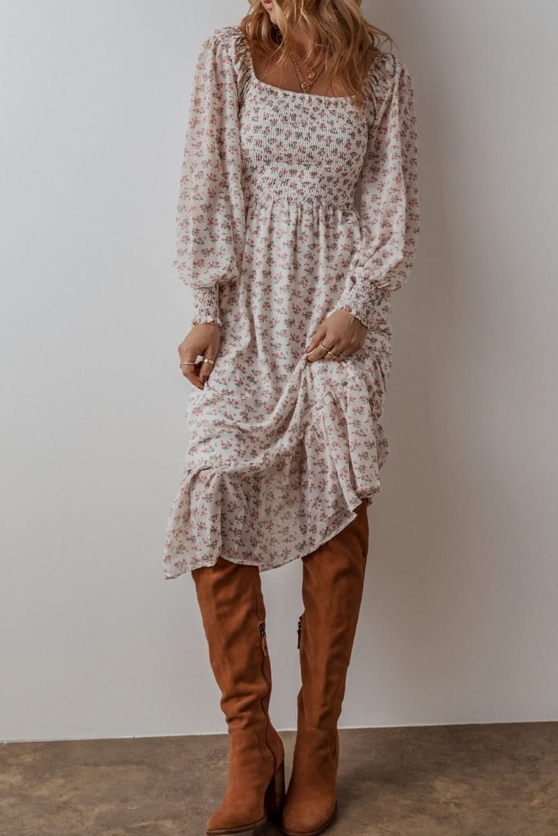 White Floral Print Shirred Ruffled Hem Square Neck Midi Dress - Love Salve 