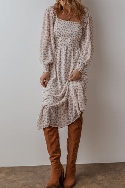 White Floral Print Shirred Ruffled Hem Square Neck Midi Dress - Love Salve 