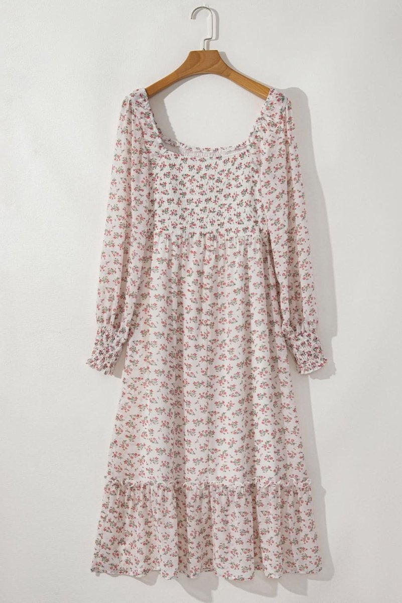 White Floral Print Shirred Ruffled Hem Square Neck Midi Dress - Love Salve 