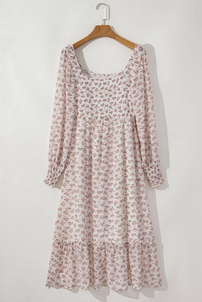 White Floral Print Shirred Ruffled Hem Square Neck Midi Dress - Love Salve 