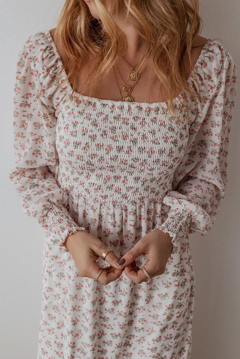 White Floral Print Shirred Ruffled Hem Square Neck Midi Dress - Love Salve 