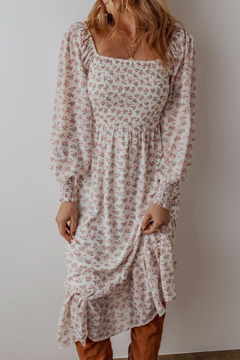 White Floral Print Shirred Ruffled Hem Square Neck Midi Dress - Love Salve 