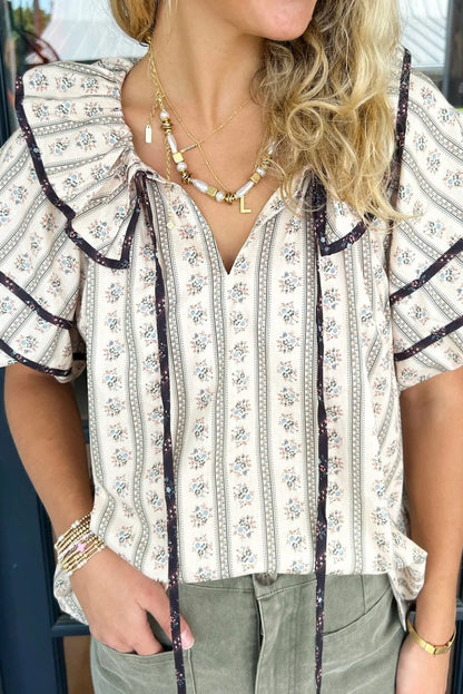 White Floral Ruffled Collar Short Puff Sleeve Blouse - Love Salve 