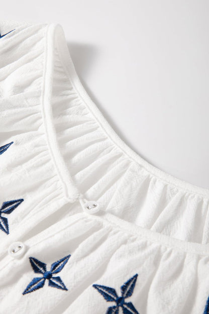 White Geometric Embroidered Long Sleeve Blouse for Women - Love Salve 