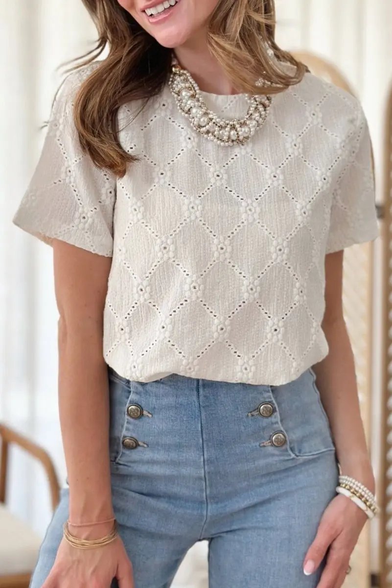 White Geometric Embroidered Slim Fit O Neck T Shirt for Women - Love Salve 