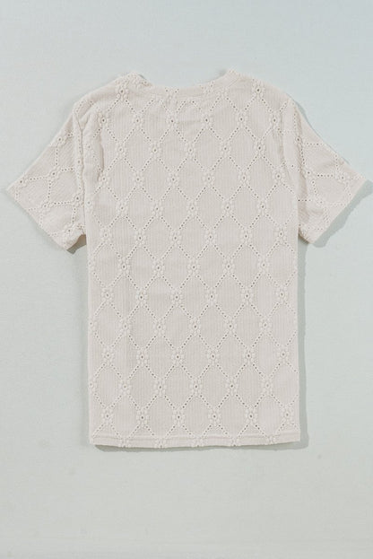 White Geometric Embroidered Slim Fit O Neck T Shirt for Women - Love Salve 