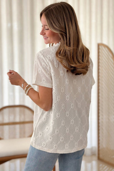 White Geometric Embroidered Slim Fit O Neck T Shirt for Women - Love Salve 
