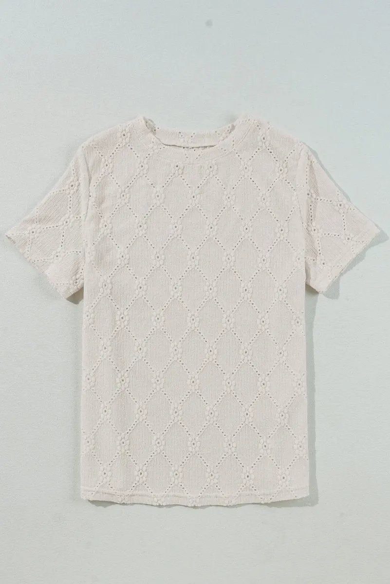 White Geometric Embroidered Slim Fit O Neck T Shirt for Women - Love Salve 