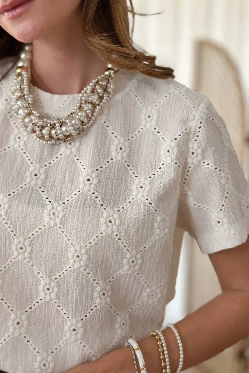 White Geometric Embroidered Slim Fit O Neck T Shirt for Women - Love Salve 