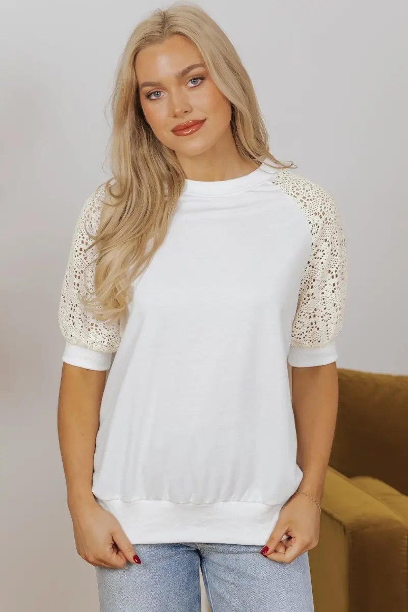 White Lace Crochet Short Sleeve Round Neck T Shirt for Women - Love Salve 