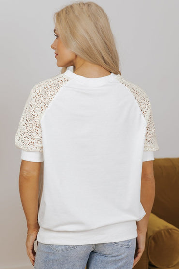 White Lace Crochet Short Sleeve Round Neck T Shirt for Women - Love Salve 