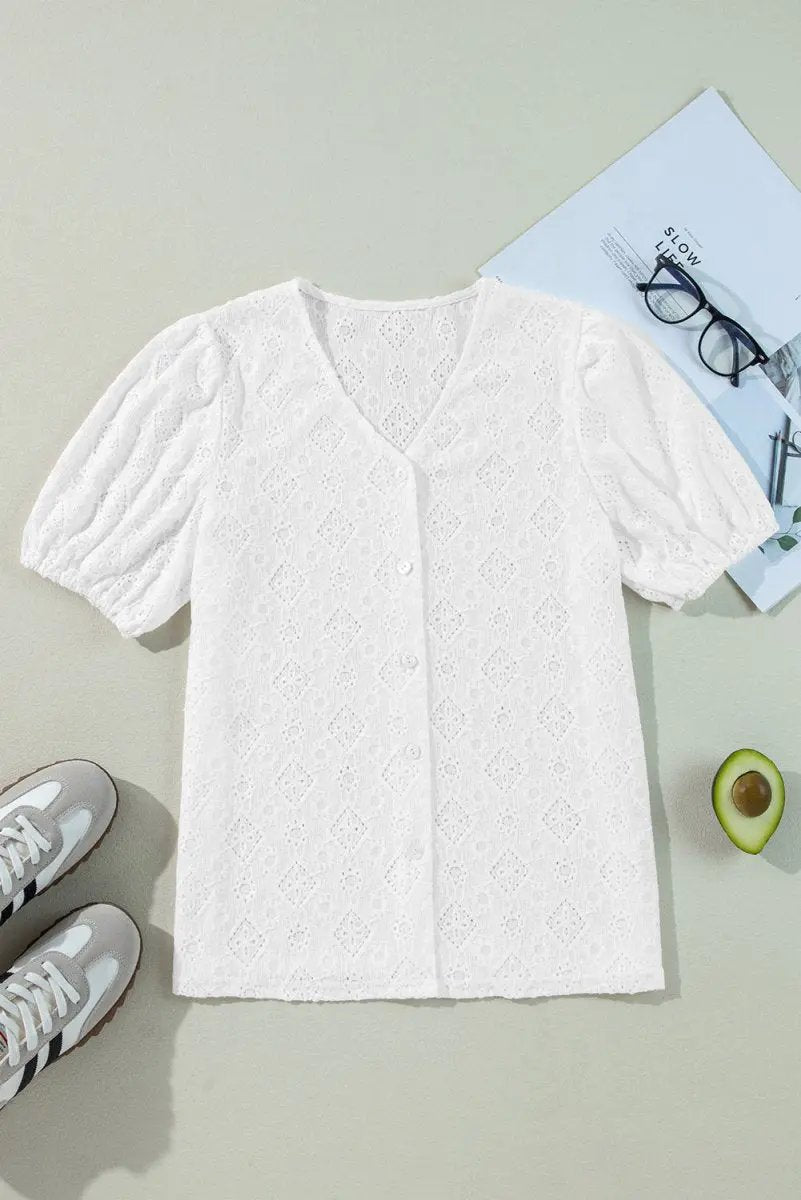 White Lace Puff Sleeve V Neck Button Up Shirt for Women - Love Salve 