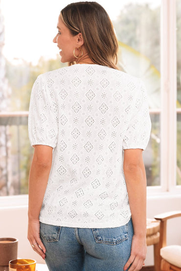 White Lace Puff Sleeve V Neck Button Up Shirt for Women - Love Salve 