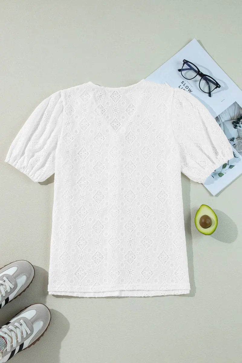 White Lace Puff Sleeve V Neck Button Up Shirt for Women - Love Salve 