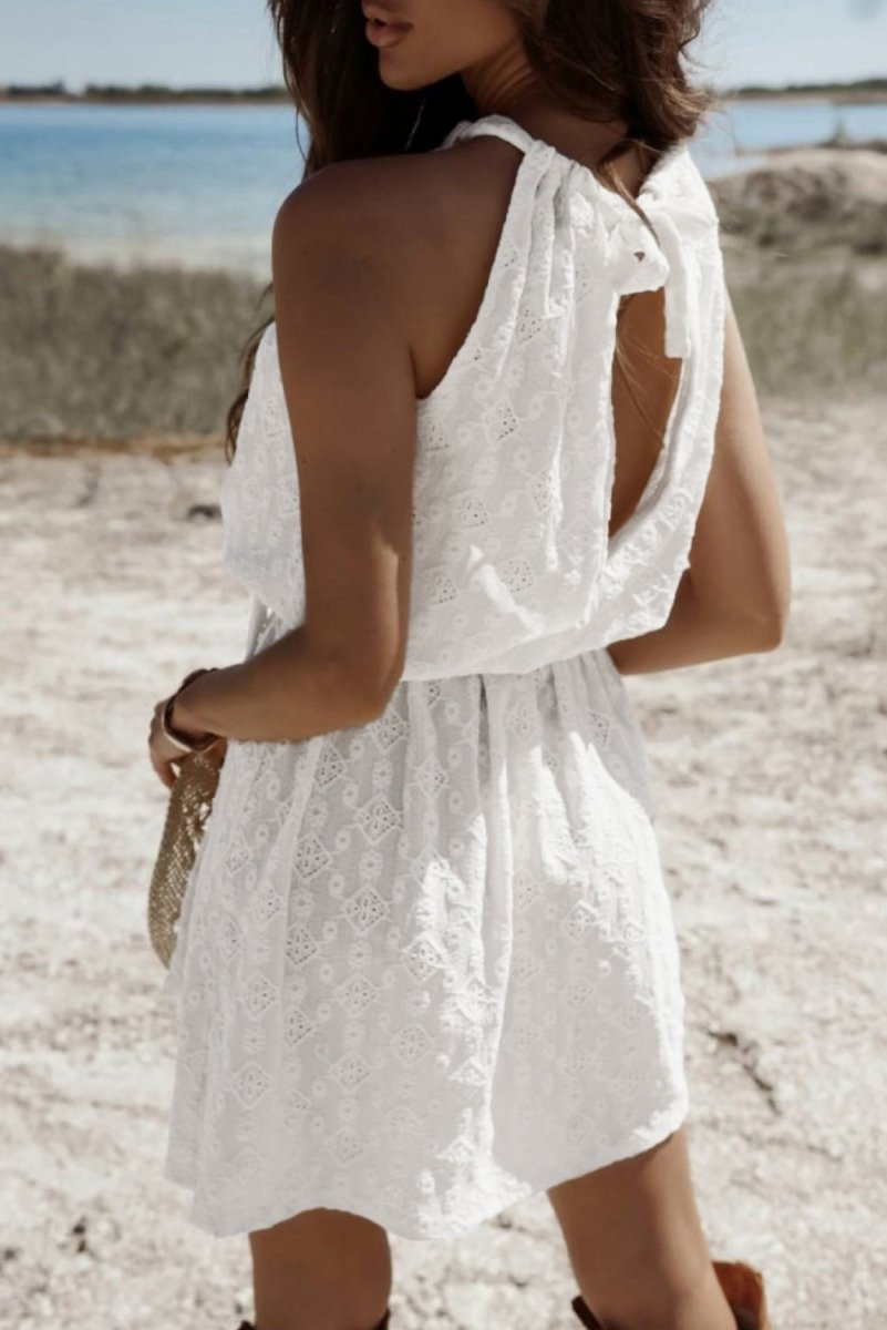 White Lace Sleeveless Knot Hollow Out Back Tied Waist Mini Dress - Love Salve 