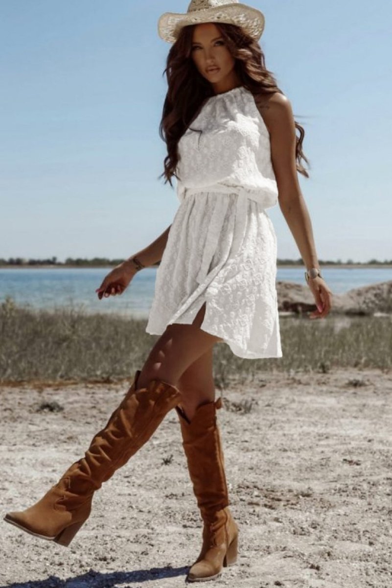 White Lace Sleeveless Knot Hollow Out Back Tied Waist Mini Dress - Love Salve 