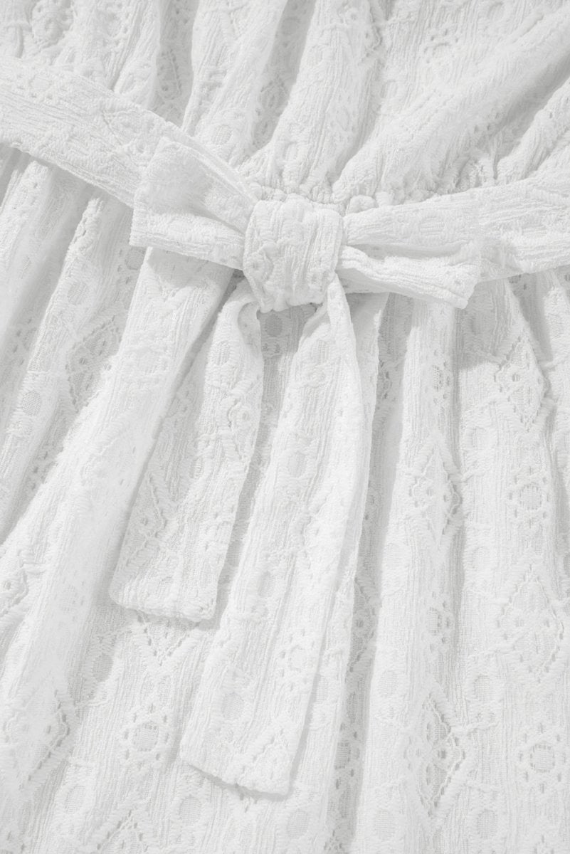 White Lace Sleeveless Knot Hollow Out Back Tied Waist Mini Dress - Love Salve 