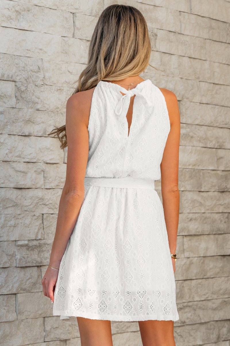 White Lace Sleeveless Knot Hollow Out Back Tied Waist Mini Dress - Love Salve 