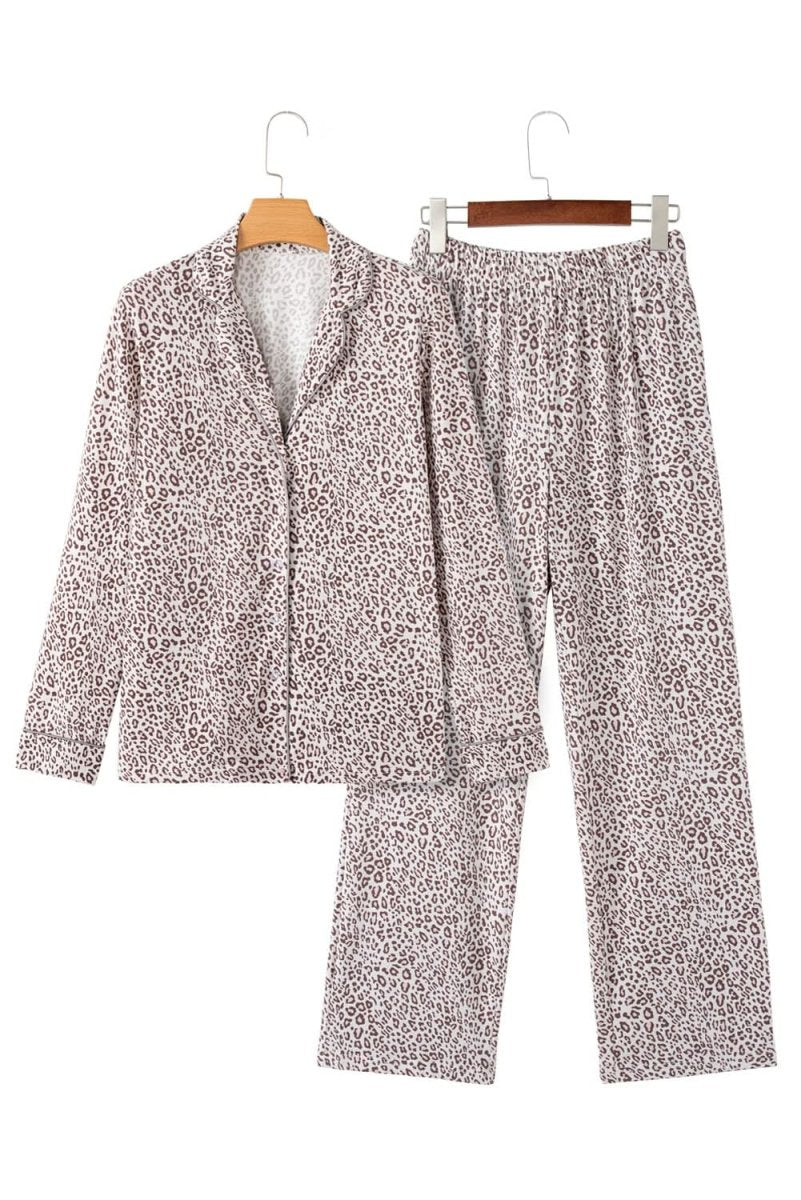 White Leopard Print Long Sleeve and Pants Pajamas Set - Love Salve 