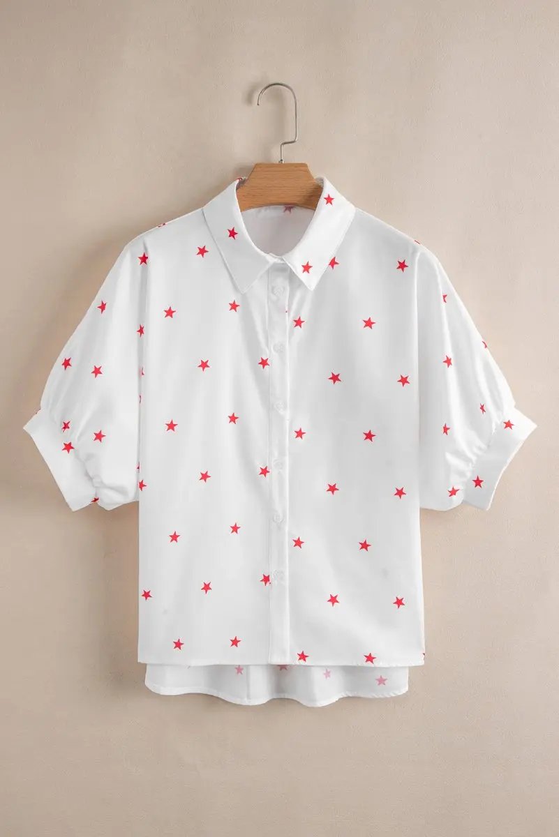 White Little Stars Printed Loose Half Sleeve Shirt - Love Salve 
