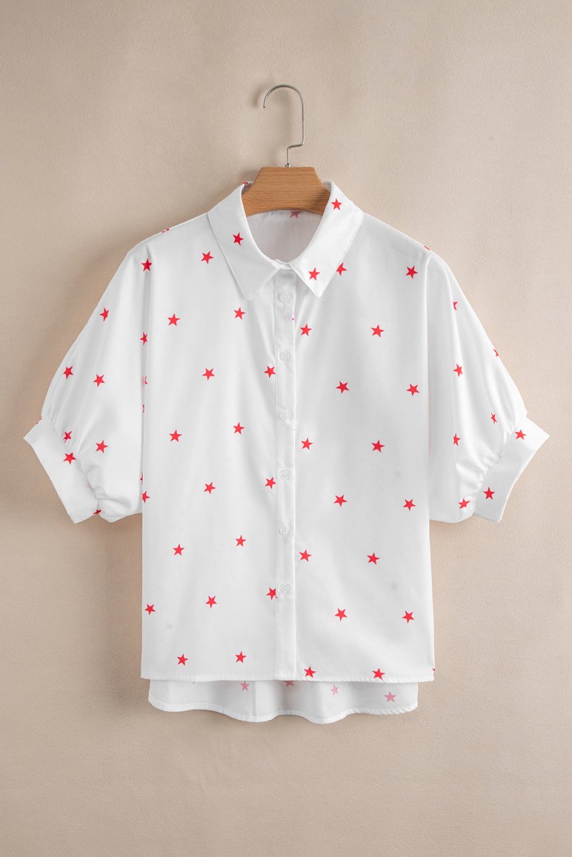 White Little Stars Printed Loose Half Sleeve Shirt - Love Salve