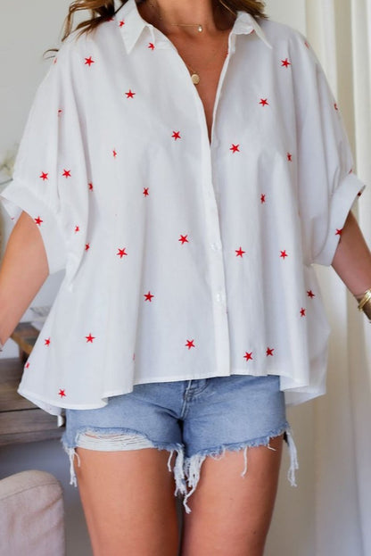 White Little Stars Printed Loose Half Sleeve Shirt - Love Salve
