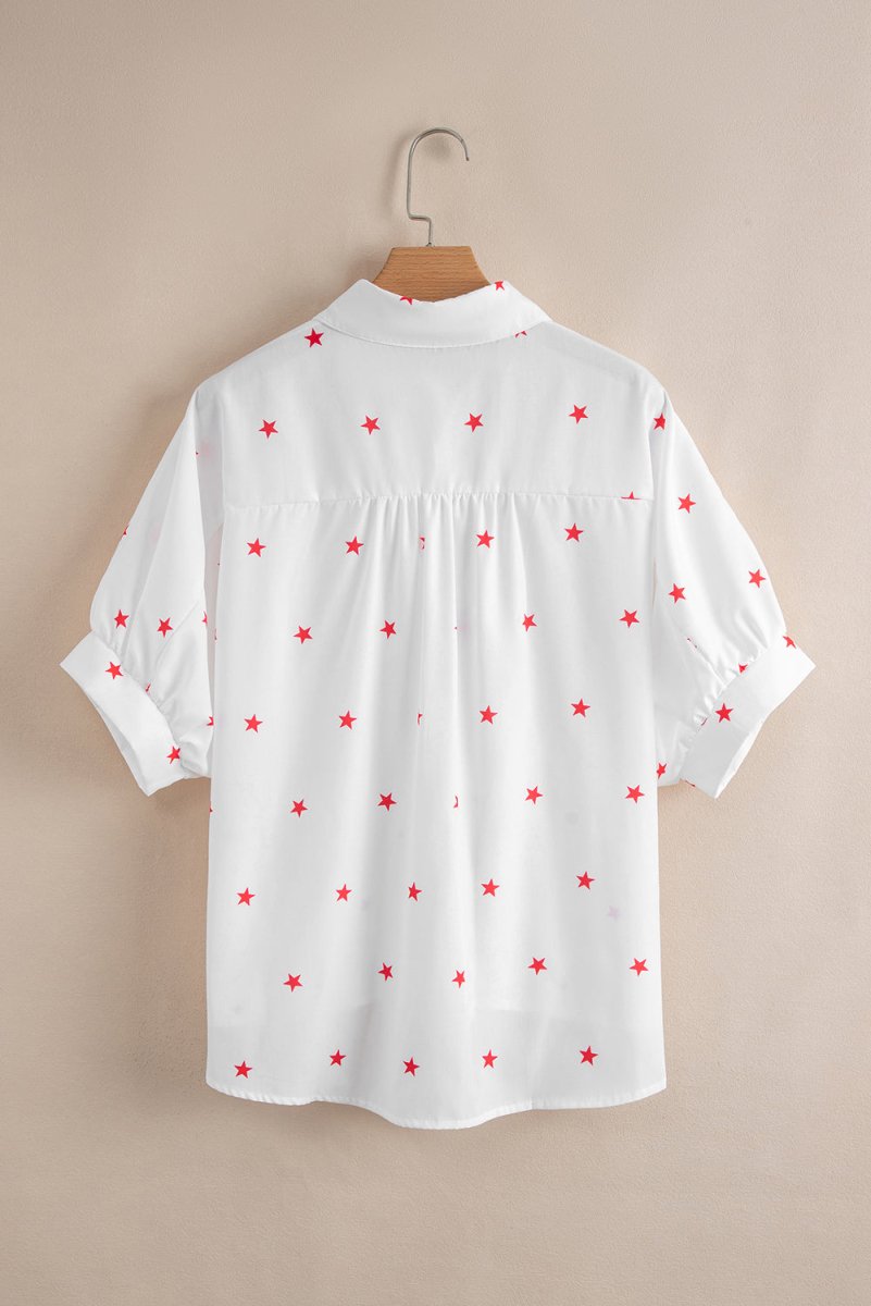 White Little Stars Printed Loose Half Sleeve Shirt - Love Salve