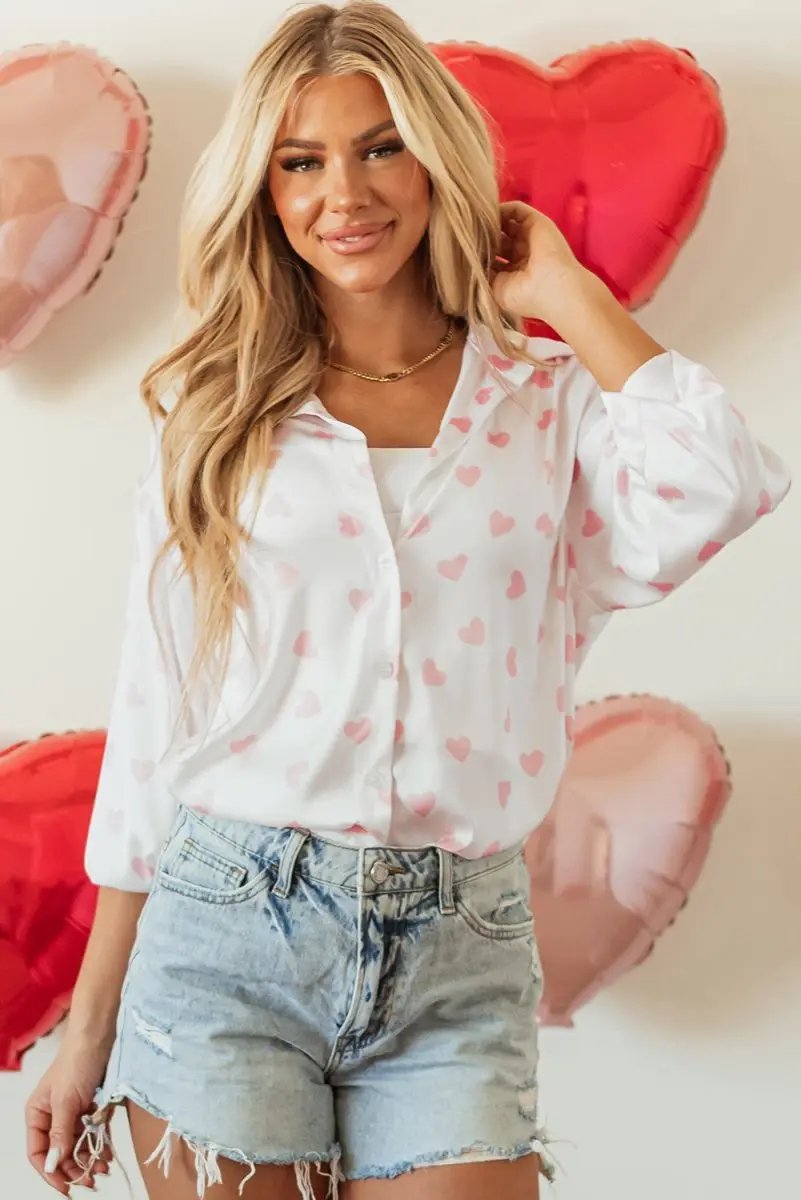 White Love Heart Print Drop Shoulder Puff Sleeve Shirt - Love Salve 
