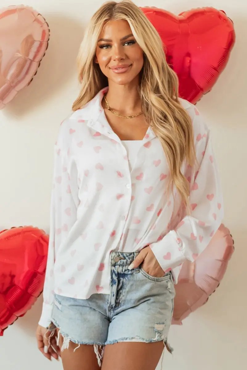 White Love Heart Print Drop Shoulder Puff Sleeve Shirt - Love Salve 