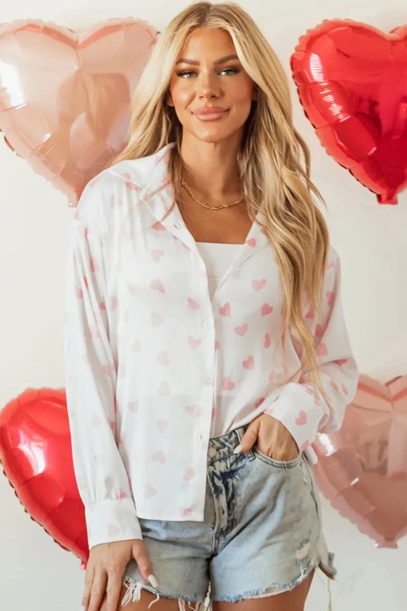 White Love Heart Print Drop Shoulder Puff Sleeve Shirt - Love Salve 