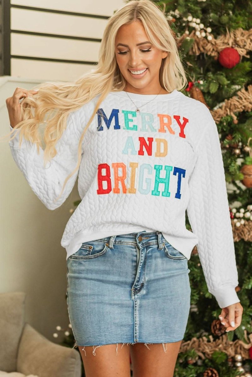 White Merry And Bright Cable Knit Pullover Sweatshirt - Love Salve 