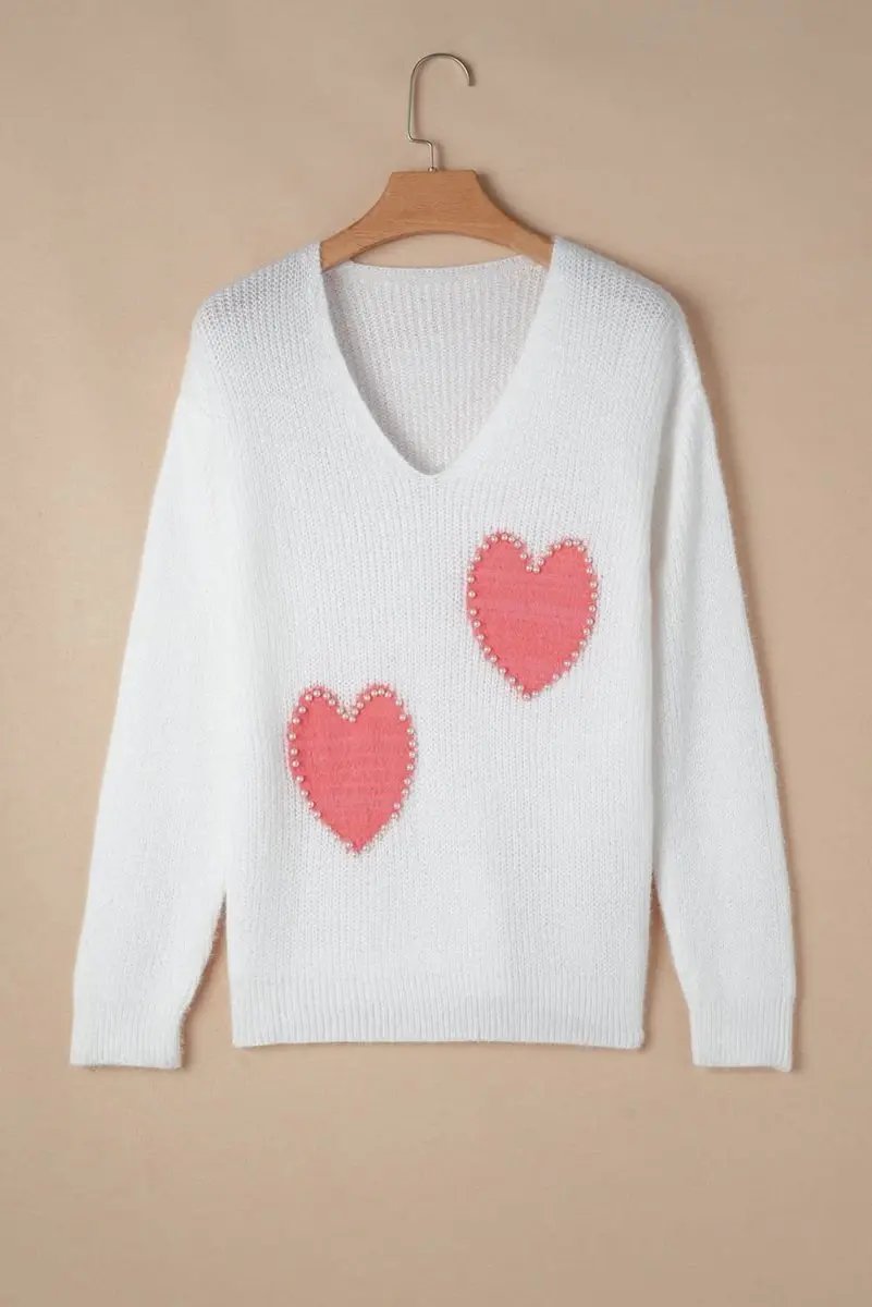 White Pearl Beaded Heart Pattern Fuzzy V Neck Sweater - Love Salve 