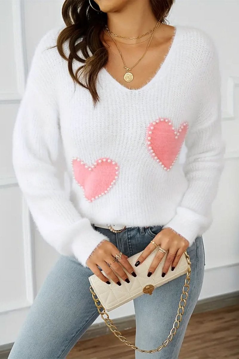White Pearl Beaded Heart Pattern Fuzzy V Neck Sweater - Love Salve 