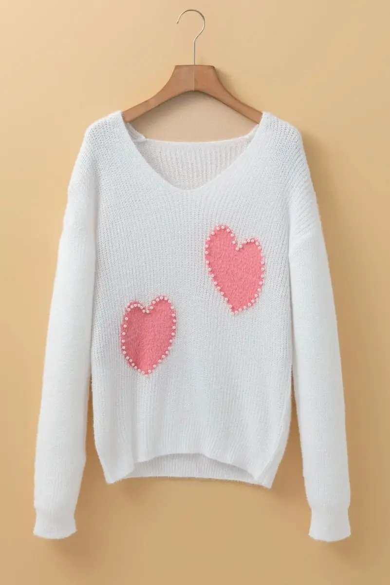 White Pearl Beaded Heart Pattern Fuzzy V Neck Sweater - Love Salve 