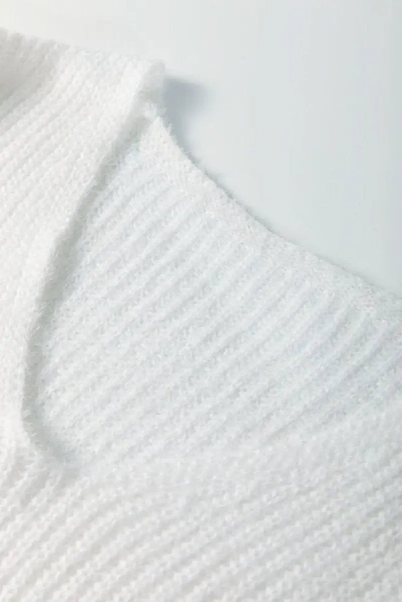 White Pearl Beaded Heart Pattern Fuzzy V Neck Sweater - Love Salve 