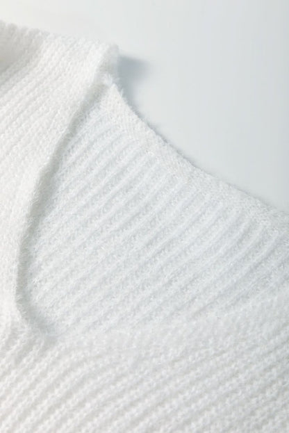 White Pearl Beaded Heart Pattern Fuzzy V Neck Sweater - Love Salve 