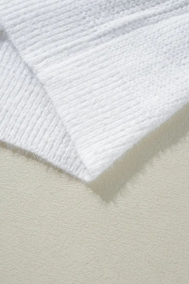 White Pearl Beaded Heart Pattern Fuzzy V Neck Sweater - Love Salve 