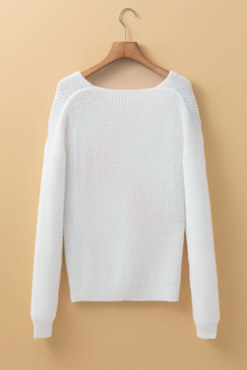 White Pearl Beaded Heart Pattern Fuzzy V Neck Sweater - Love Salve 