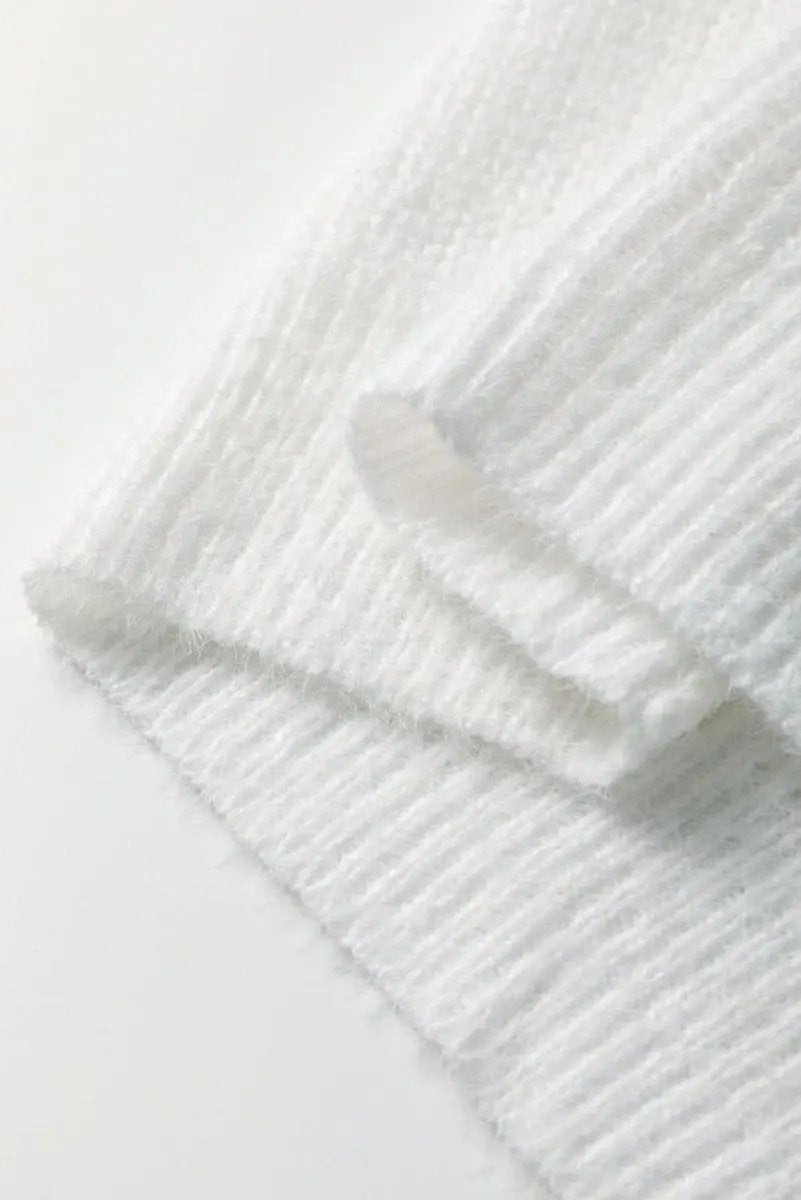 White Pearl Beaded Heart Pattern Fuzzy V Neck Sweater - Love Salve 