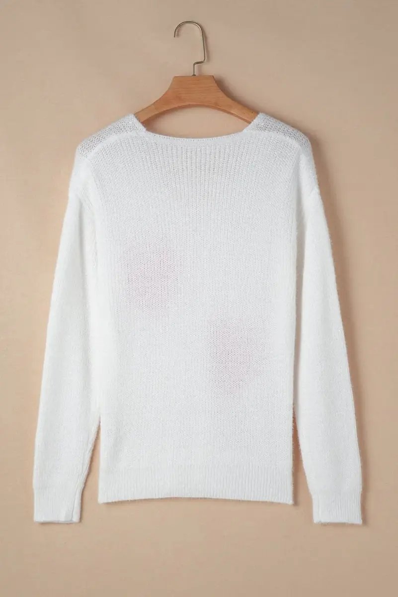 White Pearl Beaded Heart Pattern Fuzzy V Neck Sweater - Love Salve 