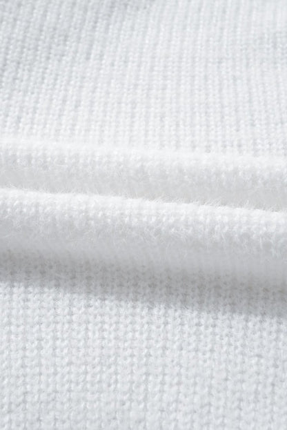 White Pearl Beaded Heart Pattern Fuzzy V Neck Sweater - Love Salve 