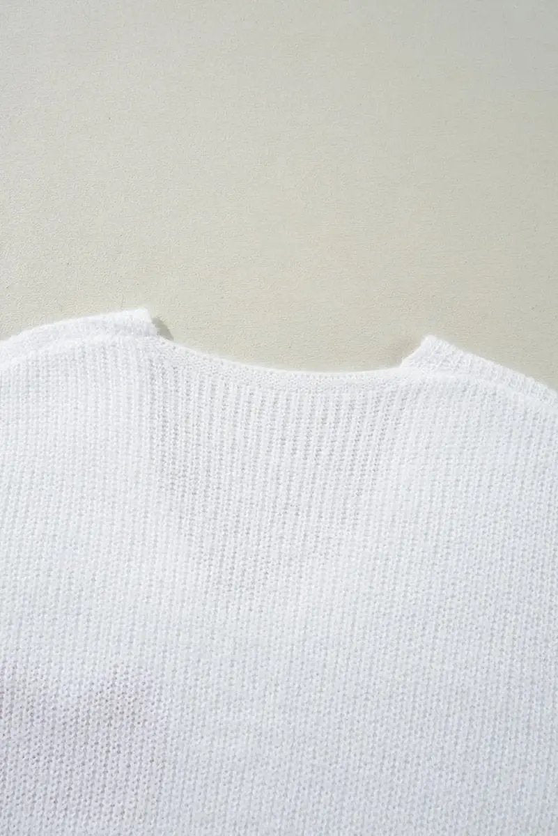White Pearl Beaded Heart Pattern Fuzzy V Neck Sweater - Love Salve 