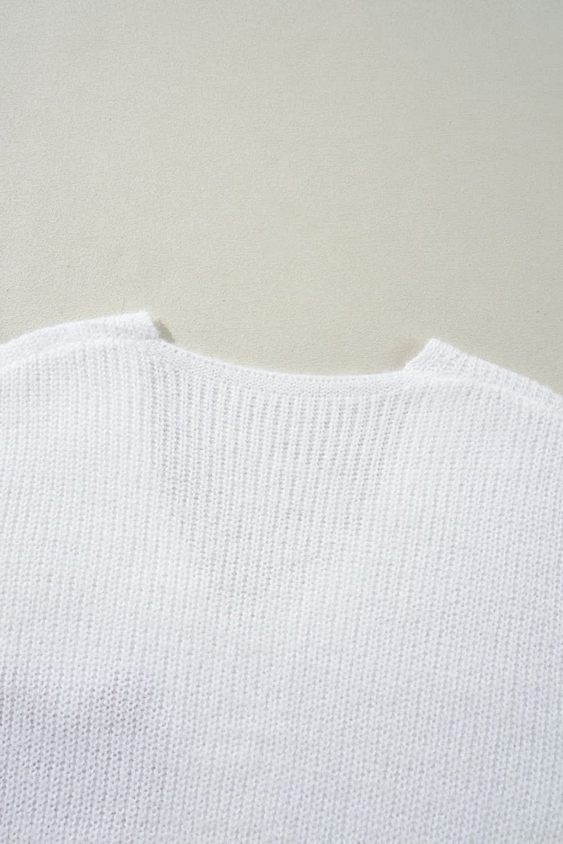 White Pearl Beaded Heart Pattern Fuzzy V Neck Sweater - Love Salve 