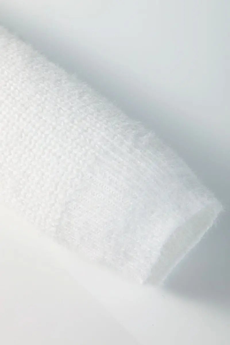 White Pearl Beaded Heart Pattern Fuzzy V Neck Sweater - Love Salve 