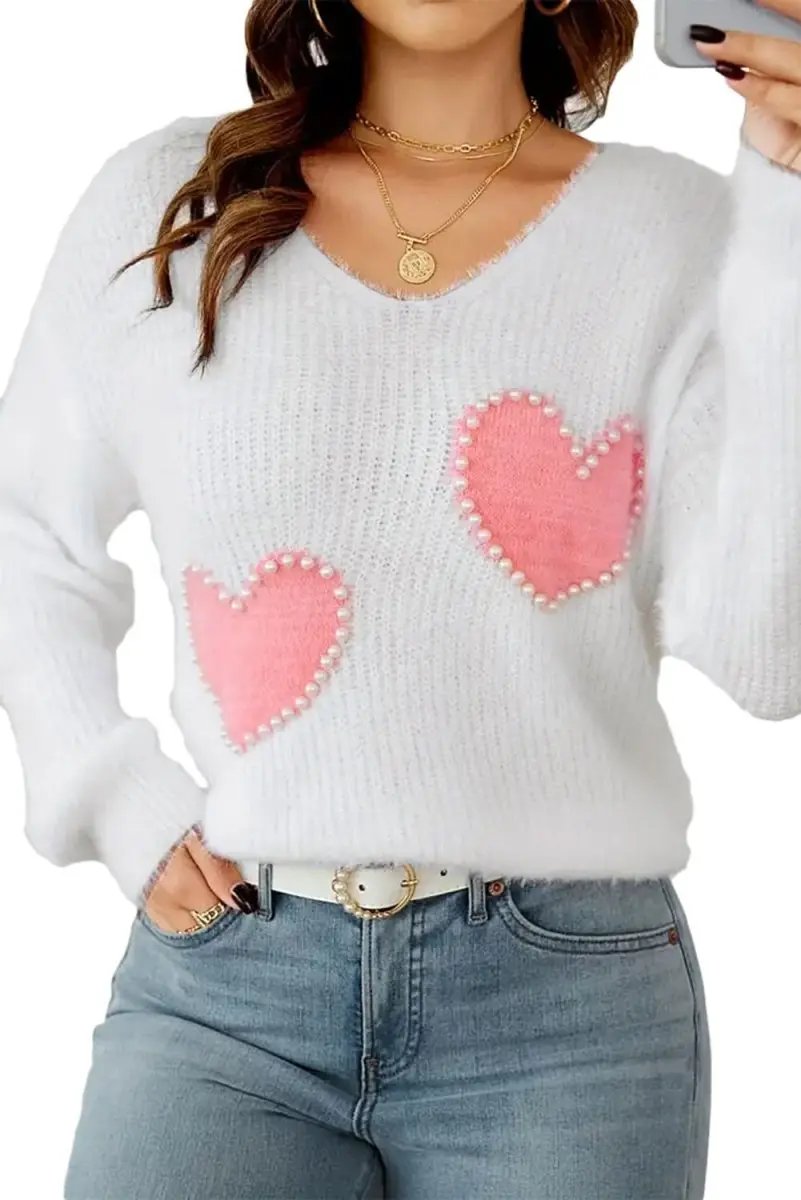 White Pearl Beaded Heart Pattern Fuzzy V Neck Sweater - Love Salve 