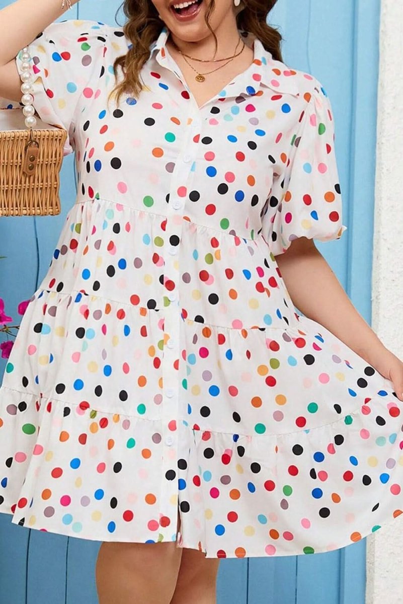 White Polka Dot Bubble Sleeve Plus Size Shirt Dress with Button Front Closure - Love Salve