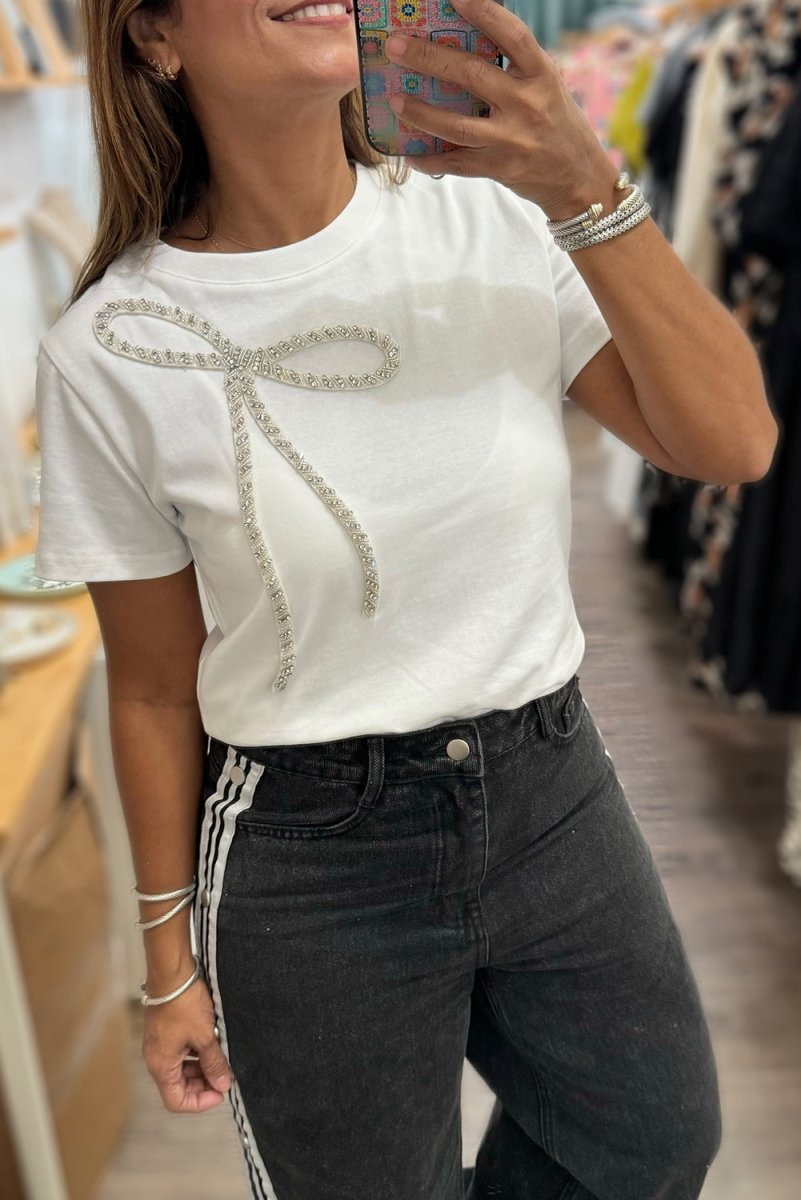 White Rhinestone Bow Embellished Round Neck Tee for Women - Love Salve 