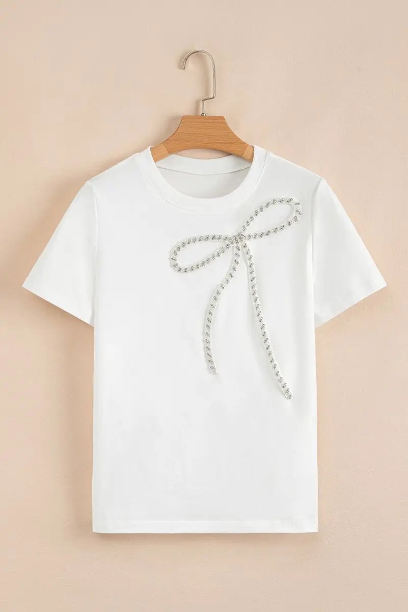 White Rhinestone Bow Embellished Round Neck Tee for Women - Love Salve 