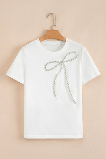 White Rhinestone Bow Embellished Round Neck Tee for Women - Love Salve 
