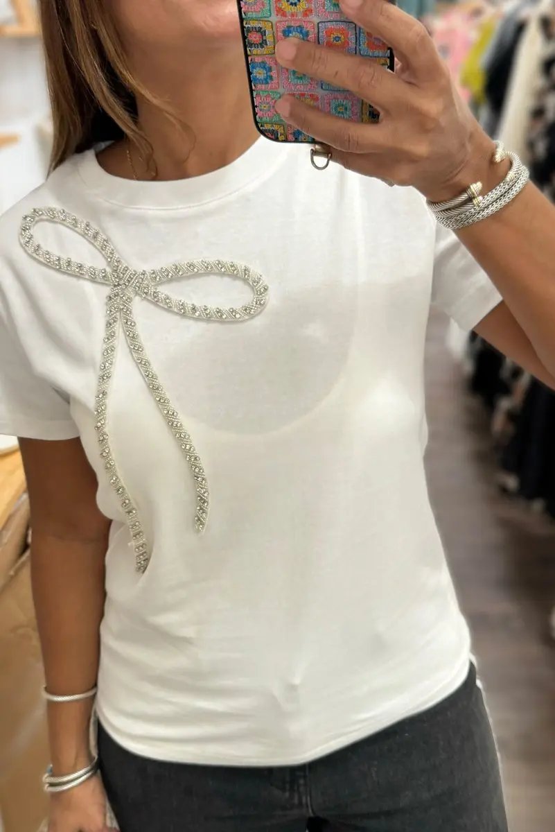 White Rhinestone Bow Embellished Round Neck Tee for Women - Love Salve 